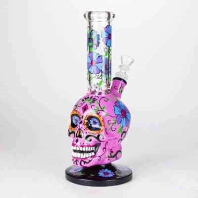 O 10" Sugar Skull-Themed glass bong:PINK