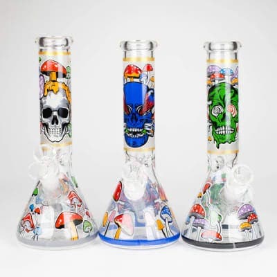 10" Glow in the dark Glass Bong With Mushroom Skull Design:ASSORTED